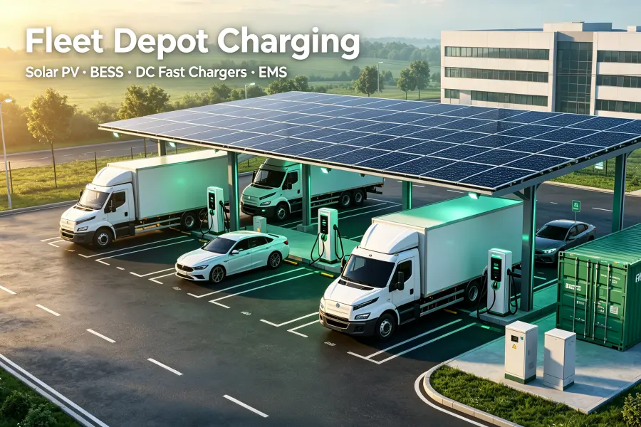 Commercial solar EV charging station for fleet depots with heavy-duty EV truck charging, Solar PV carport, BESS battery storage and 120kW–360kW+ DC fast chargers