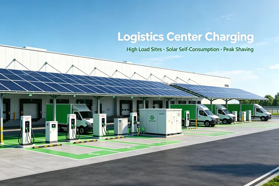 Commercial solar EV charging station at a logistics warehouse and fleet depot with Solar PV, battery storage and DC fast charging infrastructure
