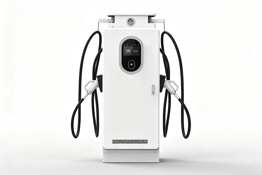 Standalone commercial DC fast EV charger with dual charging guns and white enclosure for high-power fleet and public EV charging