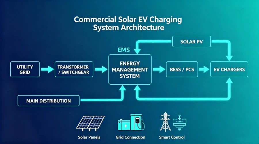 Commercial solar EV charging station system architecture diagram showing Solar PV, BESS, EMS, grid and DC EV charger energy flow