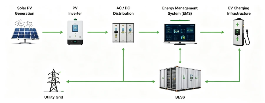 Integrated Solar, BESS, EV Charging & Grid Energy Architecture Diagram