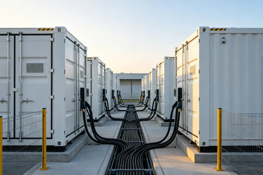 Containerized Power Conversion Cabinets with PCS, Battery Energy Storage and Electrical Infrastructure for Megawatt-Level Heavy-Duty EV Charging Depot