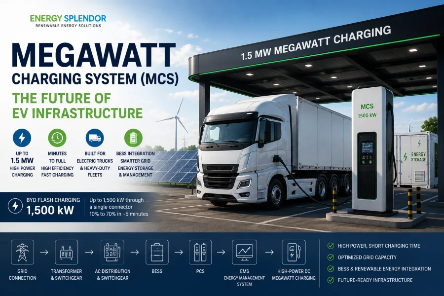 Megawatt Charging System (MCS) with 1.5MW High-Power EV Charger Infrastructure for Electric Heavy-Duty Semi-Trucks and Logistics Fleet Charging