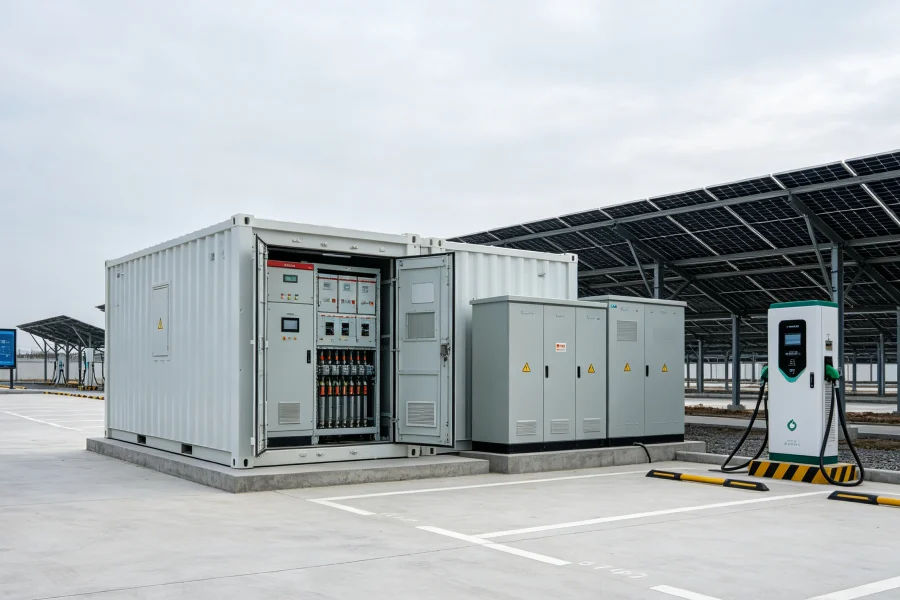 Solar PV supported containerized BESS energy storage system with PCS, EMS and Megawatt Charging System (MCS) for zero-emission electric logistics truck fleet depot infrastructure