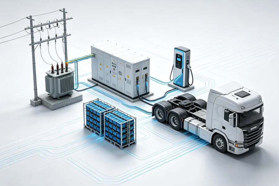 Complete Megawatt EV Charging System Layout Diagram showing grid transformer, switchgear, battery energy storage cabinets, PCS, EMS, MCS charger and electric heavy truck charging workflow